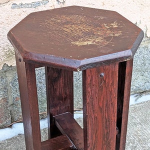 Antique Vintage Old Solid Cypress Wood Wooden Octagon Octagonal Lamp End Side Accent Table Plant Stand Stool Arts & Crafts Mission Style