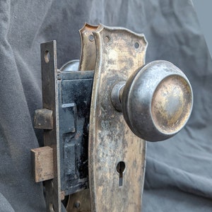 2 available Antique Vintage Old Salvaged Reclaimed Brass Copper Steel Door Set Knob Plate Lock Interior Lockset Arts Crafts Style