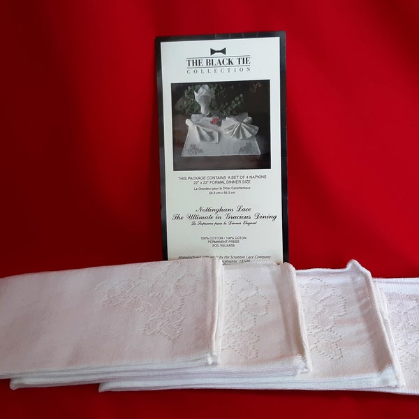 Vintage The Black Tie Collection Scranton Nottingham Lace 100% Cotton White Set of 4 Square Napkins Cut Work Elegant Placemats 22”x 22”- NOS