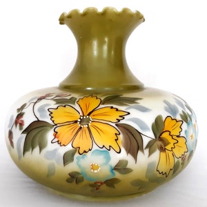 Antique Vintage Tam-O-Shanter Large Cased Glass Lampshade Hand Painted Raised Flowers Fluted Crimped Top Replacement Light Globe 10&quot; Fitter