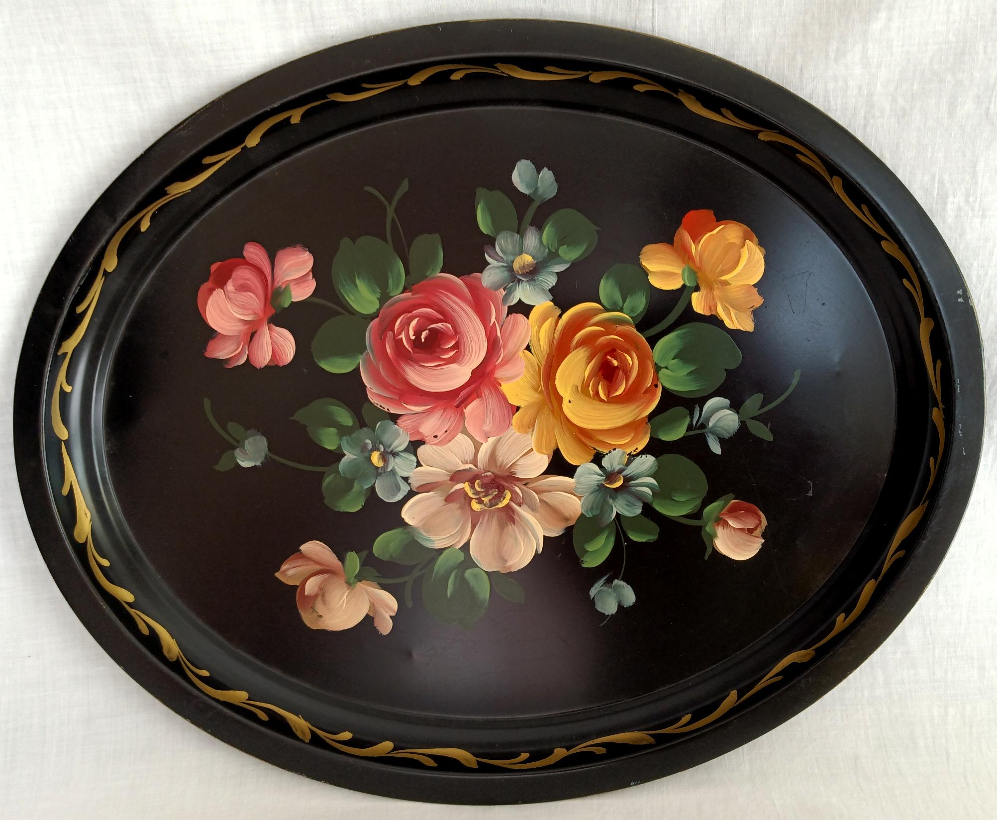Victorian Style Hand Painted Metal Large Serving Tray Oval Victorian Style Hand Painted Metal Large Serving Tray Oval