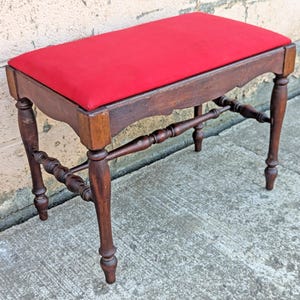 Antique Vintage Old Victorian SOLID Wood Wooden Piano Kneeling Bench Foot Stool Ottoman Plant Stand Red Fabric