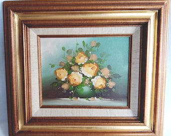 Vintage Oil Painting on Canvas Flowers Bouquet in a Vase Floral Design Double Matted Frames Gold Accent Wall Art Signed R. Thomas