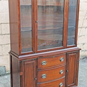 Antique Vintage Old Federal Style SOLID Mahogany Wood Wooden Glass China Hutch Storage Cabinet Server Buffet Breakfront Cupboard Curio