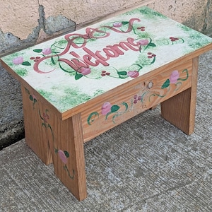 Small Vintage Antique Old Handmade Hand Painted Solid Wood Wooden Foot Step Stool Plant Stand Side Accent Chair Seat Garden Bench