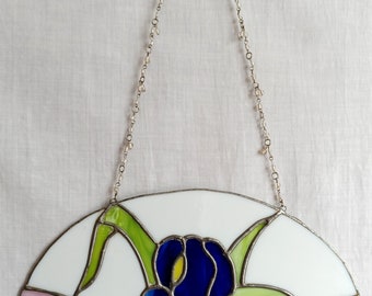 Vintage Arts & Crafts Stained Glass Iris Flower Suncatcher w/ Beaded Metal Chain Hanging Window Ornament Wall Art Home Decor