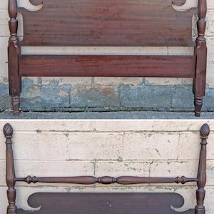 May include: A two-piece, dark brown wooden bed frame. The headboard and footboard have a curved design. The bed posts are topped with a pineapple finial. The bed frame is made of solid wood and has a classic, vintage style.