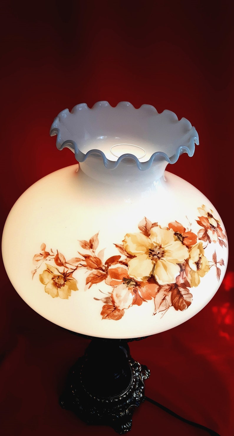 1971 L&L WMC GWTW Tall Table Lamp Floral Painted Large Glass Etsy