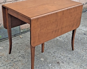 Vintage Antique Old Colonial Revival Mid Century Solid Maple Wood Wooden Drop Leaf Accent Side Dining Breakfast Nook Sabre Leg Table
