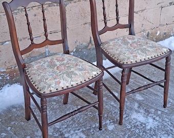 Pair of Antique Vintage Old Reclaimed Salvaged Solid Hardwood Wooden Dining Side Accent Floral Fabric Seats