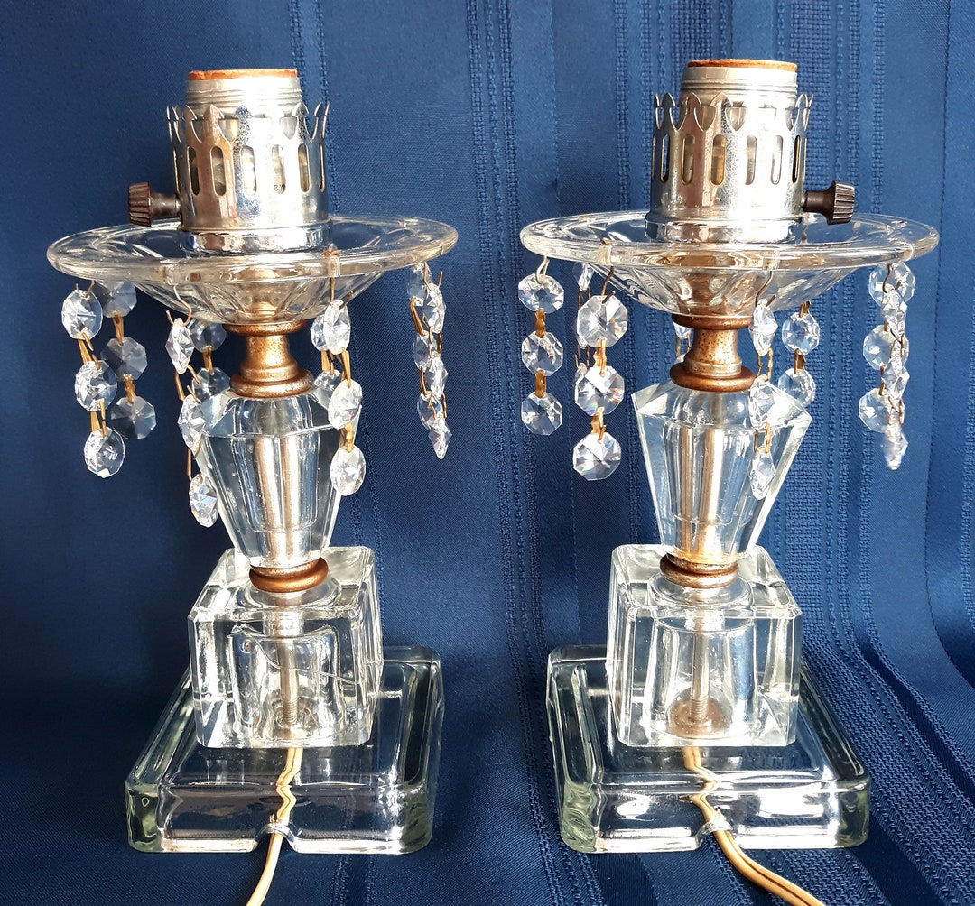 Vintage Pair Lamps Crystal Pressed Glass W/dangling Crystal Etsy