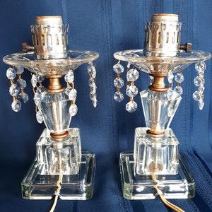 Vintage Pair Lamps Crystal Pressed Glass w/Dangling Crystal Bead Prisms Hollywood Regency Boudoir Vanity Dresser Table Nightstand Lights