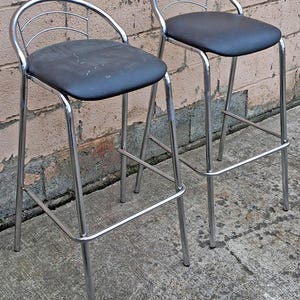 Pair of Vintage Old Reclaimed Salvaged Stackable Stacking Modern Chrome Counter Bar Dining Chairs Seat Stool Vinyl Upholstery Fabric