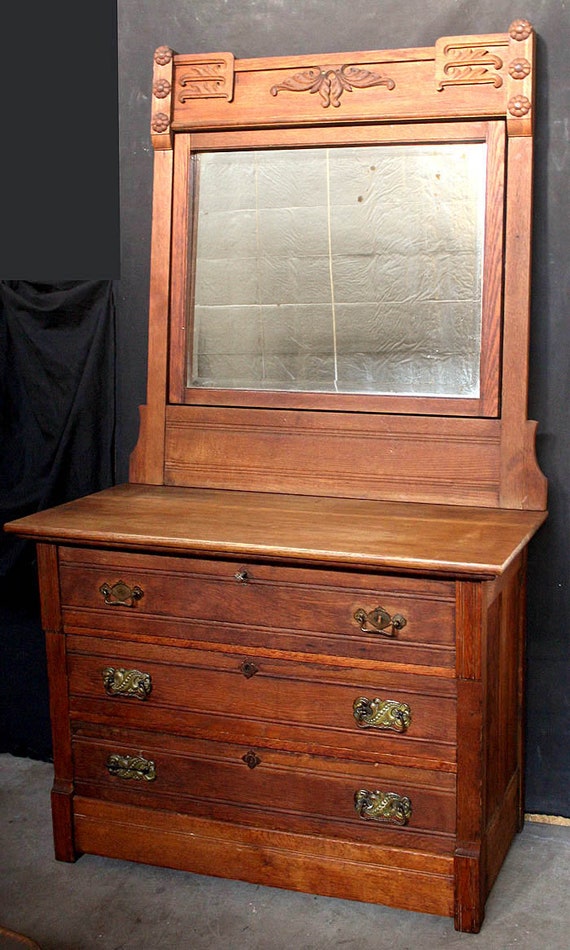 Antique Vintage Eastlake Oak Wood Wooden Dresser Chest Vanity Etsy