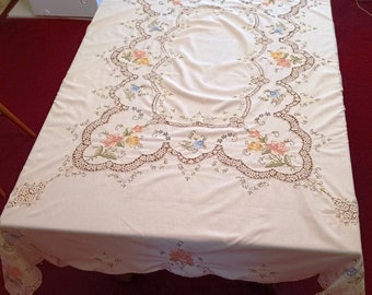 Vintage Elegant Tablecloth Crochet Lace Embroidered Floral Beige Linen Cotton Medallion Rectangle Dining Table Cover 66” W x 82“L