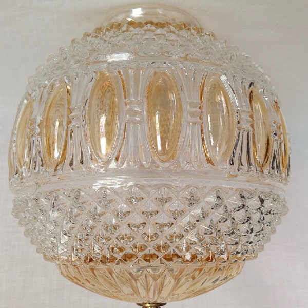 Vintage Large Round Glass Lampshade Neo Classical Gold Hue Iridescent Egg Dart Diamond Ceiling Light Pendant Globe Finial 4” Fitter