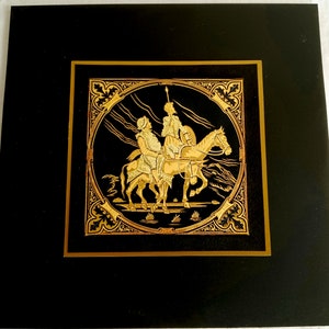 Vintage Gold Drawing Metal Framed Under Glass Plaque Don Quijote (Quixote) & Sancho Panza Wall Hanging Square Spanish Artwork w/Stand