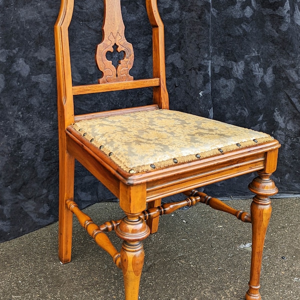 Antique Vintage Old "Rushville" SOLID Walnut Wood Wooden Carved Side Dining Accent Desk Chair Fabric Caned Wicker Seat