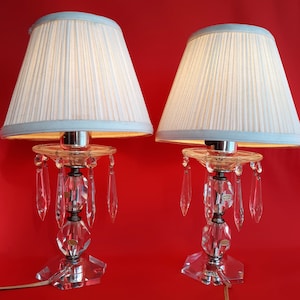 VTG Pair Lamps Hand Cut Imported Lead Crystal w/Dangling Icicle Crystal Prisms Hollywood Regency Boudoir Vanity Dresser Nightstand Lights