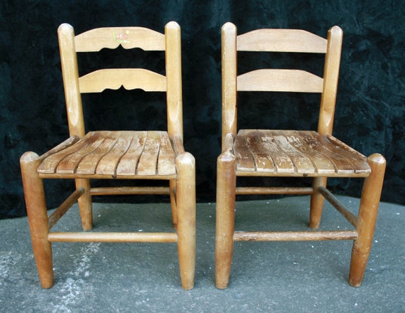 Pair Vintage Antique Old SOLID Wood Wooden Kids Childrens Small