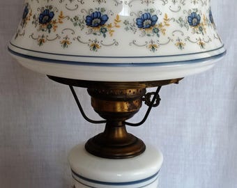 Vintage Abigail Adams Quoizel  GWTW Hurricane Table Parlor Lamp Blue Poppies Pattern Milk Glass Body and Shade 3 Way Chimney Country Decor