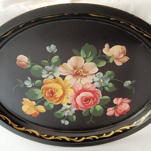 Victorian Style Hand Painted Metal Large Serving Tray Oval Black Flowers Gold Accent Toleware Decorative Tray Shabby-Chic Decor - Vintage