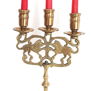 Antique Brass Lions of Judea 3 Candles Holder Sabbath Candelabra Candlestick Dinner Table Decor