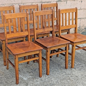 Set of 6 Antique Vintage Old Reclaimed Salvaged Arts Crafts Solid Maple Wood Wooden School Church Lodge Side Accent Dining Seat Chairs