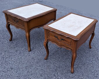 Pair Vintage &quot;Mersman&quot; Mid Century Modern MCM Antique Old SOLID Maple Wood Wooden Formica French Accent End Table Nightstands Night Stand