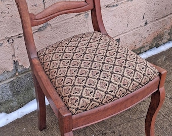 Antique Vintage Old Victorian Style SOLID Hardwood Wooden Side Dining Accent Desk Chair Floral Needlepoint Floral Fabric Seat