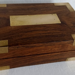 Vintage Wooden Box with Brass Inlay Lid Hinges Keepsake Jewelry Trinket Rectangle Shape Hand-CraftedBox