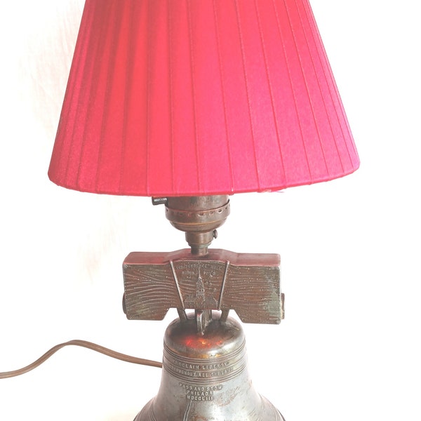 Vintage J.T. Houck Replica Liberty Bell Table Lamp Engraved Die Cast Metal Red Silk Shade American Patriotic Early American Colonial Décor