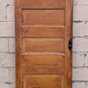 May include: A weathered, wooden door with a warm, brown finish. The door features five rectangular panels and a visible hinge on the right side. The wood grain is prominent, and there are signs of wear, suggesting age and use. The door is set against a brick wall.