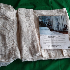 Vintage Victorian Quaker Lace Cotton Natural Color One Pair Curtain Ruffled Panels Roses Design Care Free Drape 100”W x 84”H-NOS-Made in USA