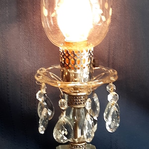 Art Deco Hollywood Regency Stacked Cut Lead Crystal Glass Table Lamp w/Dangling Crystals Teardrops Prisms Hurricane Glass Lampshade