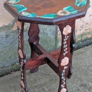 Antique Vintage Old Reclaimed Solid Wood Wooden Octagon Octagonal Lamp End Side Accent Table Plant Stand Stool Arts & Crafts Mission Style