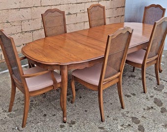 Vintage Antique French Provincial Country "J.B. Van Sciver Co." Old Reclaimed Salvaged SOLID Wood Wooden Dining Room Set Chairs Table Leaf