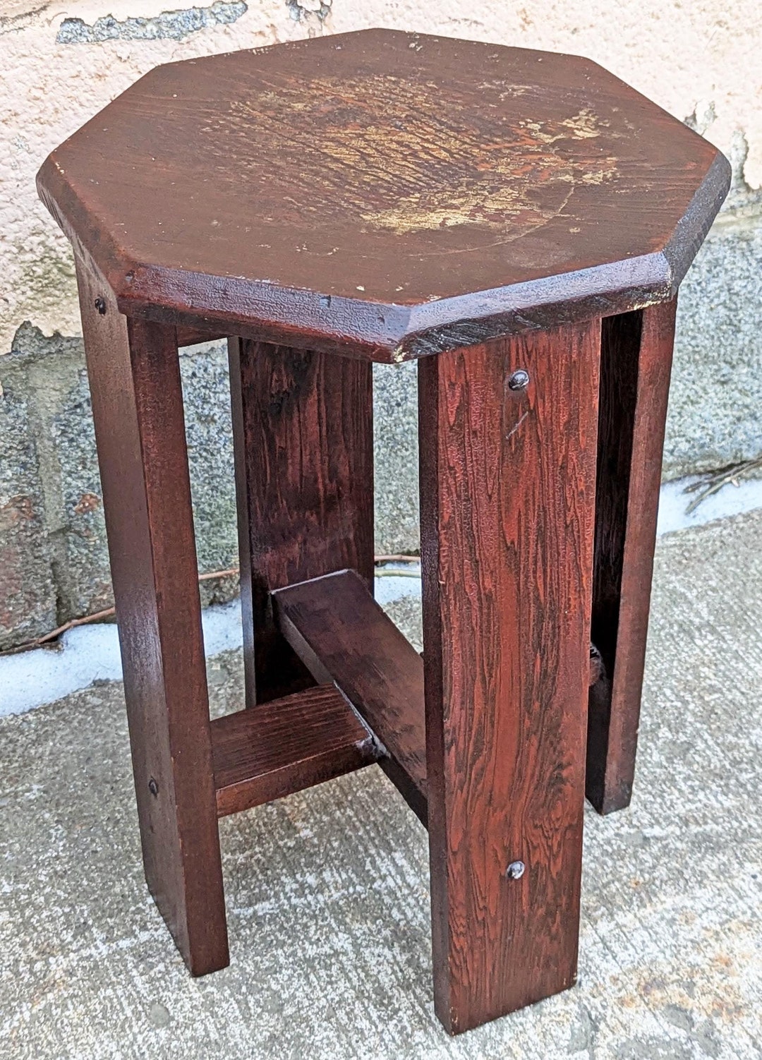 Octagonal Rustic Stool Table Antique Vintage Old Solid Cypress Wood Wooden Octagon Octagonal Lamp ...