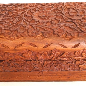 Vintage Hand Carved Wooden Intricate Floral Design Brass Hinges Keepsake Jewelry Trinket Rectangle Shape Box-Made in India