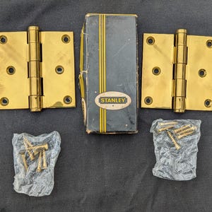 Pair 3.5&quot;x3.5&quot; NOS Vintage Old &quot;Stanley&quot; SOLID Brass Door Hinges Screws NIB