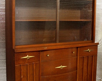 Vintage Antique Mid Century Modern "Stanley" China Curio Cabinet Hutch Server Buffet Sideboard Breakfront Walnut Wood Wooden 2 Glass Doors