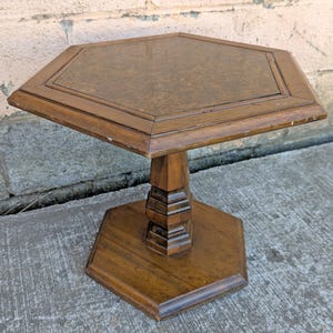 Vintage Antique Old Reclaimed Salvaged Mersman Solid Wood Wooden Hexagon Hexagonal Pedestal Lamp End Side Accent Table Plant Stand
