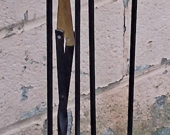 4pc Set Vintage Reclaimed Salvaged Solid Iron Brass Accents Fireplace Tools Poker Shovel Tongs Broom Brush Stand Holder Decorative Design