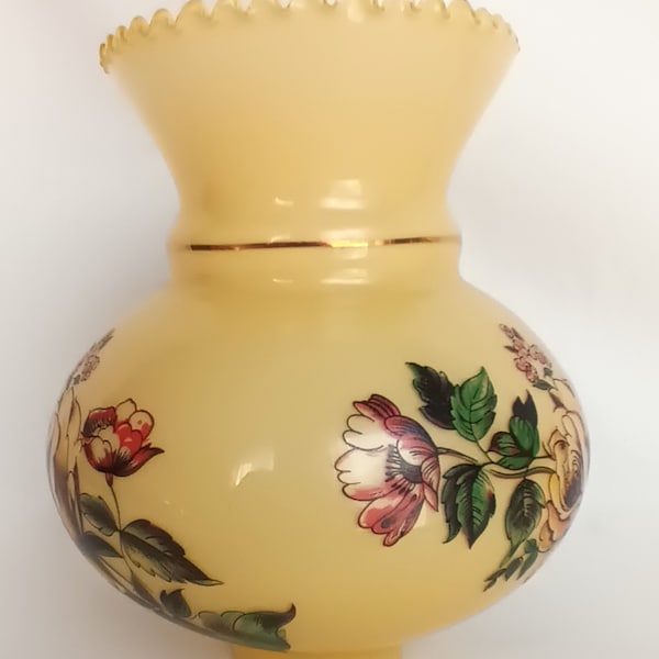 Yellow Glass Lampshade Painted Floral Bulbous Crimped Top Replacement Globe/Hurricane Shade Straight Neck 2 1/4” Fitter - NOS