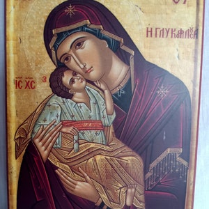 Vintage Holy Virgin Mary Sweet Kiss &quot;Glykophilousa&quot; with Jesus Icon Art Plaque Greek Orthodox Christian Church Home Décor