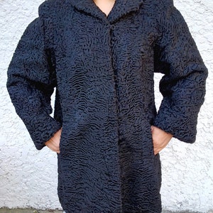 Vintage Black Fur Astrakhan Karakul Persian Lamb Coat Women Winter Coat Genuine Fur Coat - Size M