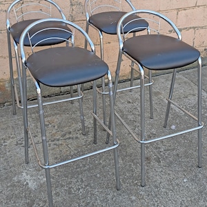 Set of 4 Vintage Old Reclaimed Salvaged Stackable Stacking Modern Chrome Counter Bar Dining Chairs Seat Stool Vinyl Upholstery Fabric