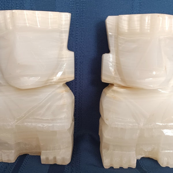 Vintage Tall Heavy Pair of Bookends Hand Carved White Onyx Marble Stone Statues Figurines Aztec Mayan Tribal Style Bookends Book Accessories