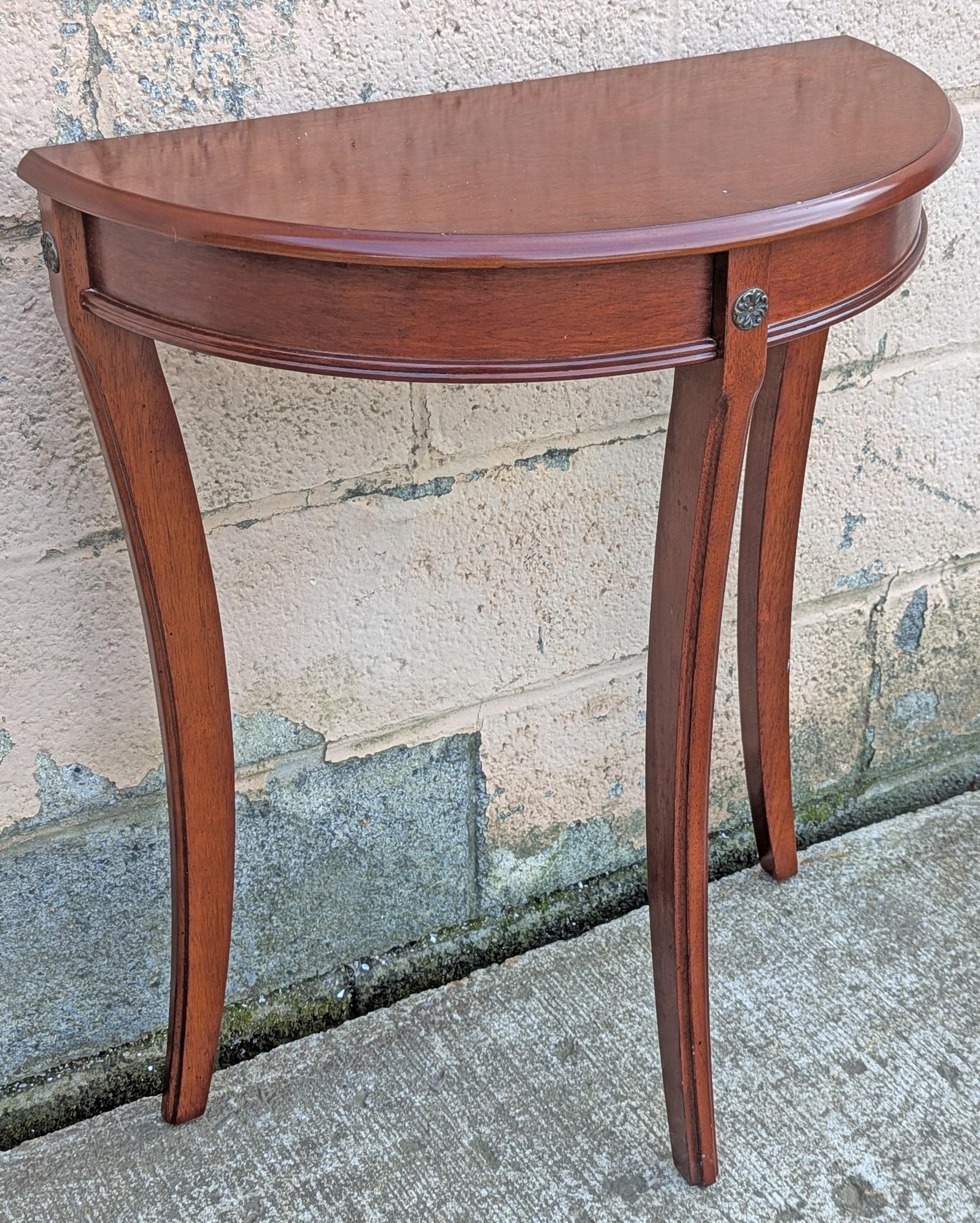 Vintage Antique Bombay Reclaimed Salvaged Solid Mahogany Wood Wooden Console Half Round Semi Circle Lamp End Side Pedestal Table Plant Stand