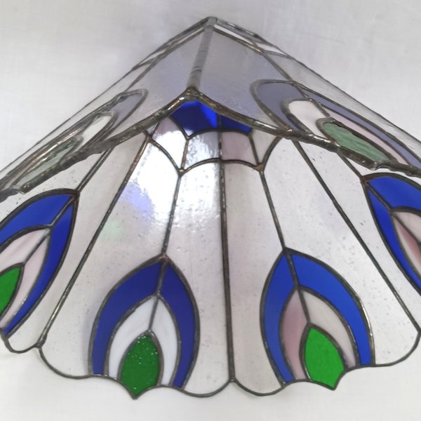 Handcrafted Tiffany Style Leaded Stained Slag Glass Replacement Lampshade Peacock Design Ceiling Pendant Table Lamp Hexagonal Signed JPL